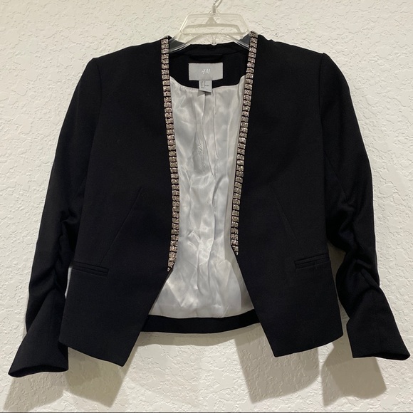 H&M Open Front Black Blazer Jacket Trim With Silver Chain Size 2 - Picture 2 of 12
